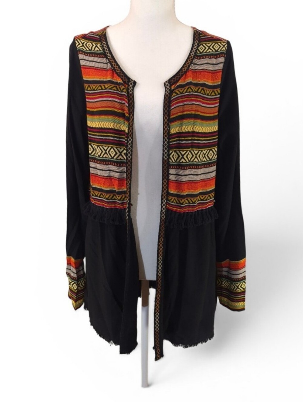Umgee Open Front Cardigan Linen Blend Pockets Boho Tribal Tunic Fringe Sz Small - Picture 10 of 10